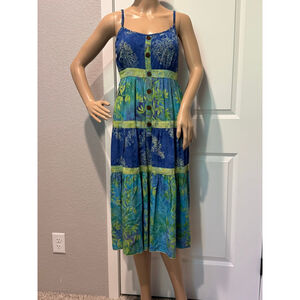 Women's Santiki Blue Green Floral tiered Midi Sun Dress L